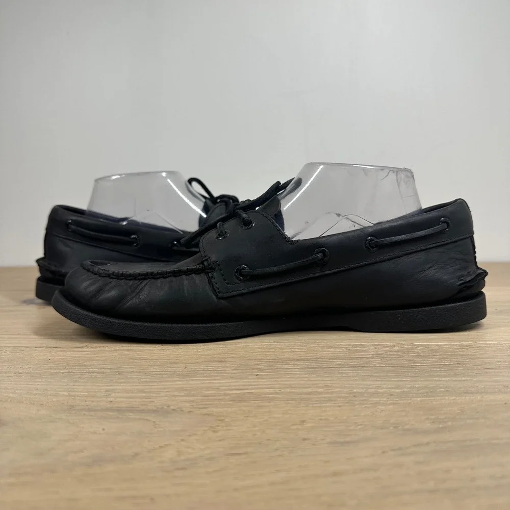 Sperry Top-Sider Boat Shoes Mens 9.5 Black Leather Lace Up Moc Toe Casual Preppy